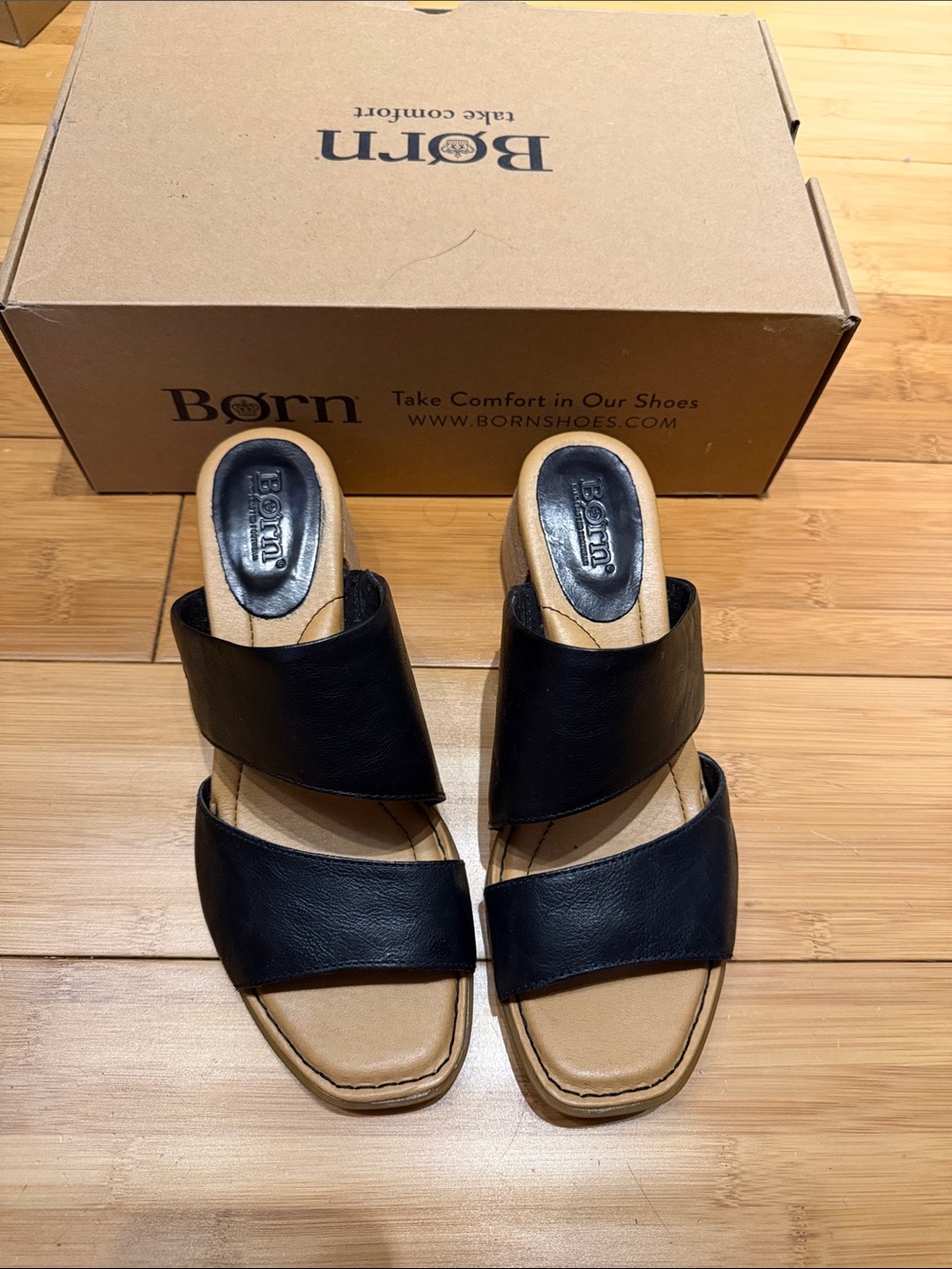Born Black Leather Double-Band Slide Mules